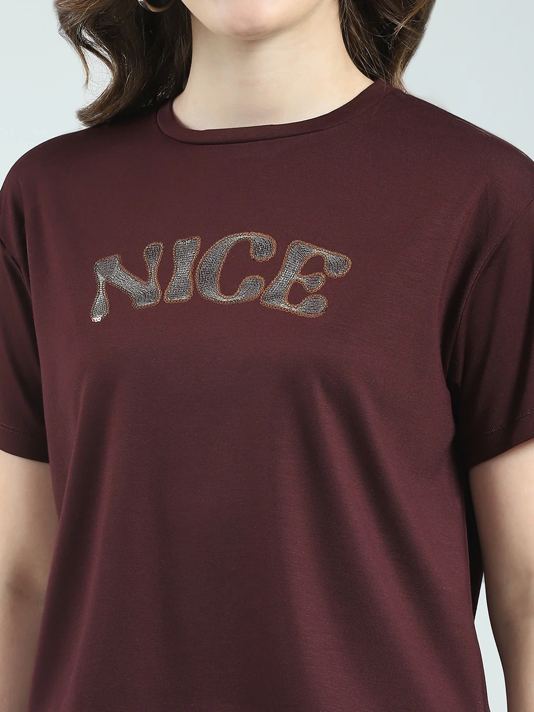 Women Burgundy Embroidered Round Neck Half Sleeve Top - Image 7