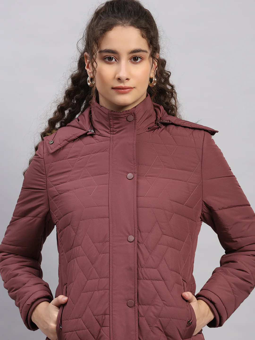 Women Burgundy Printed Hooded Full Sleeve Jacket - Image 7