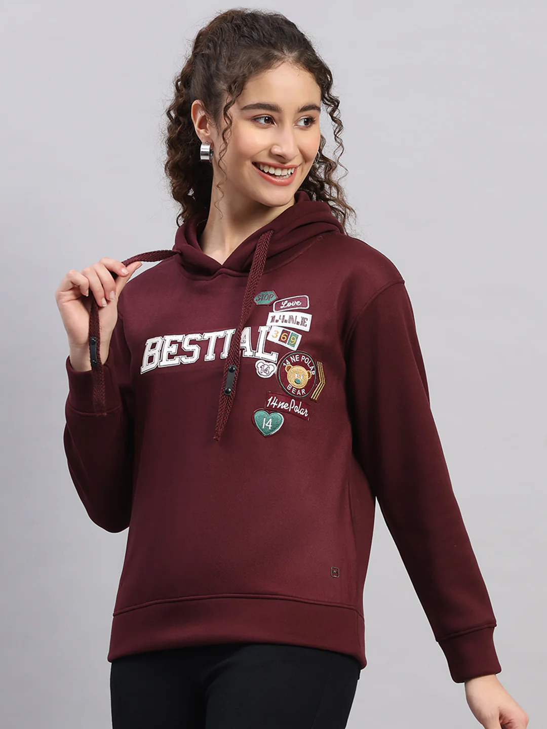 Women Burgundy Printed Hooded Full Sleeve Sweatshirt - Image 3