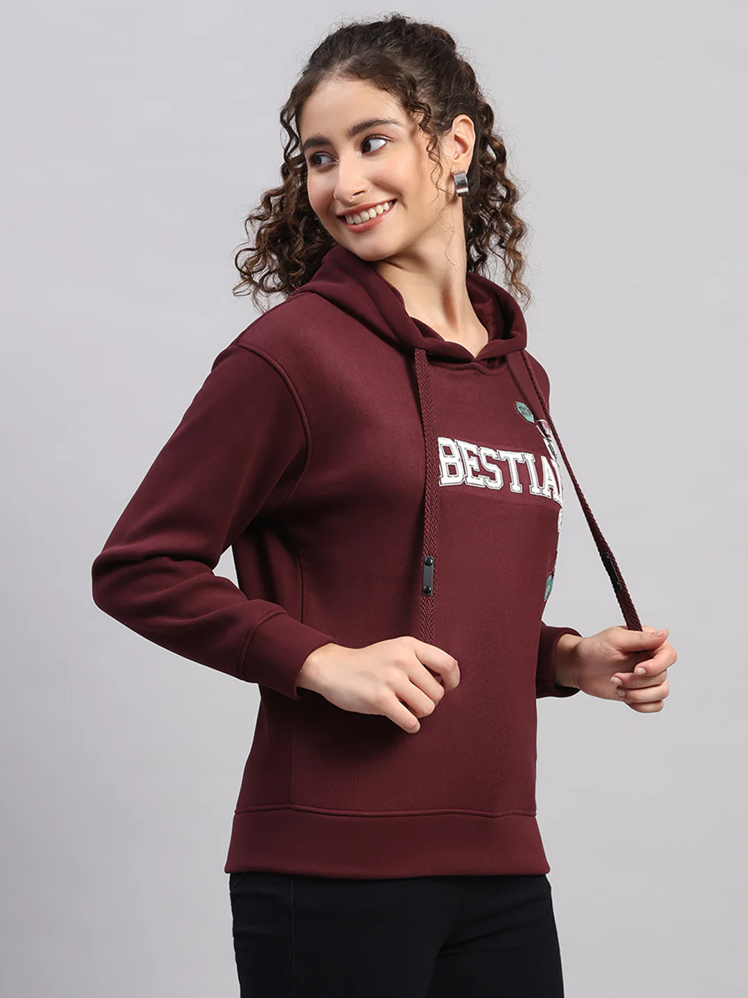 Women Burgundy Printed Hooded Full Sleeve Sweatshirt - Image 4