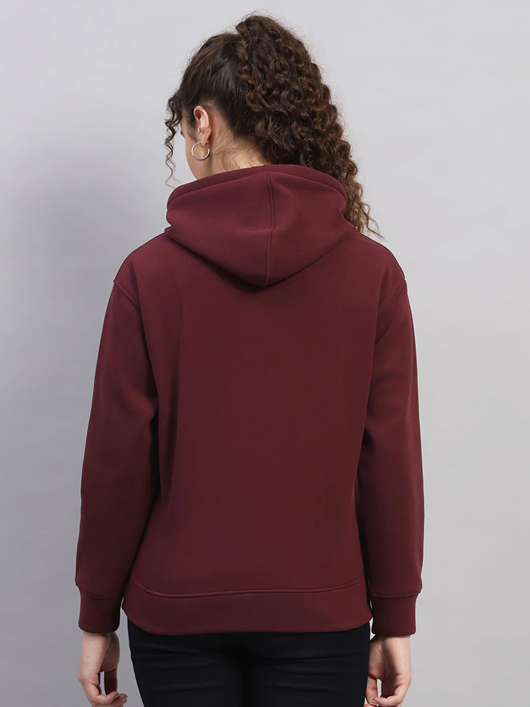 Women Burgundy Printed Hooded Full Sleeve Sweatshirt - Image 5