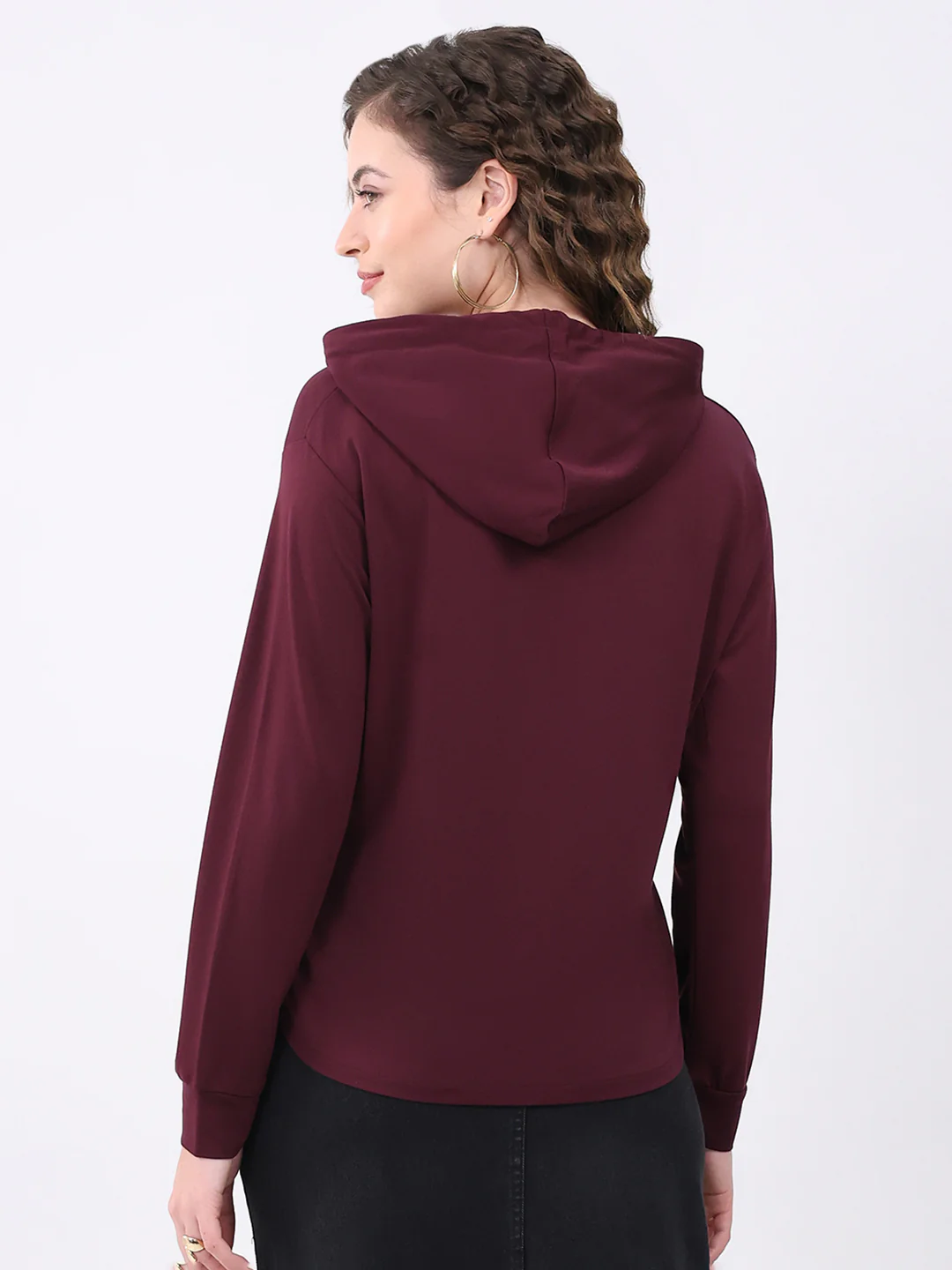 Women Burgundy Printed Hooded Full Sleeve Winter Top - Image 5
