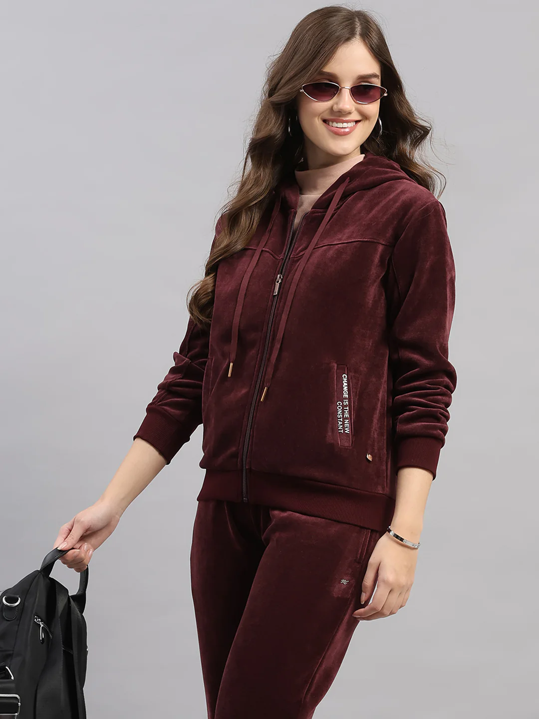Women Burgundy Printed Hooded Full Sleeve Winter Tracksuit - Image 6