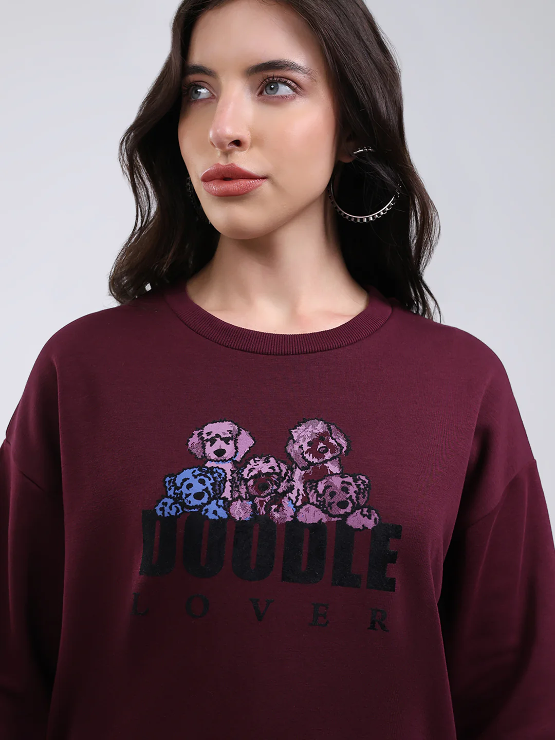 Women Burgundy Printed Round Neck Full Sleeve Sweatshirt - Image 6