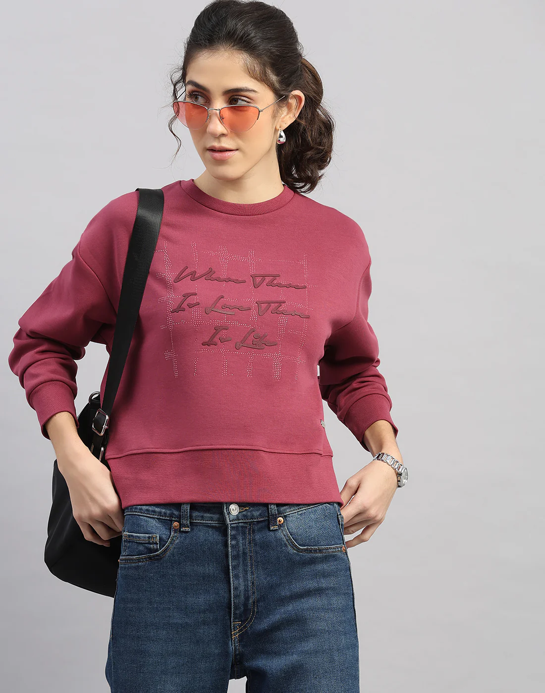 Women Burgundy Printed Round Neck Full Sleeve Sweatshirt - Image 6