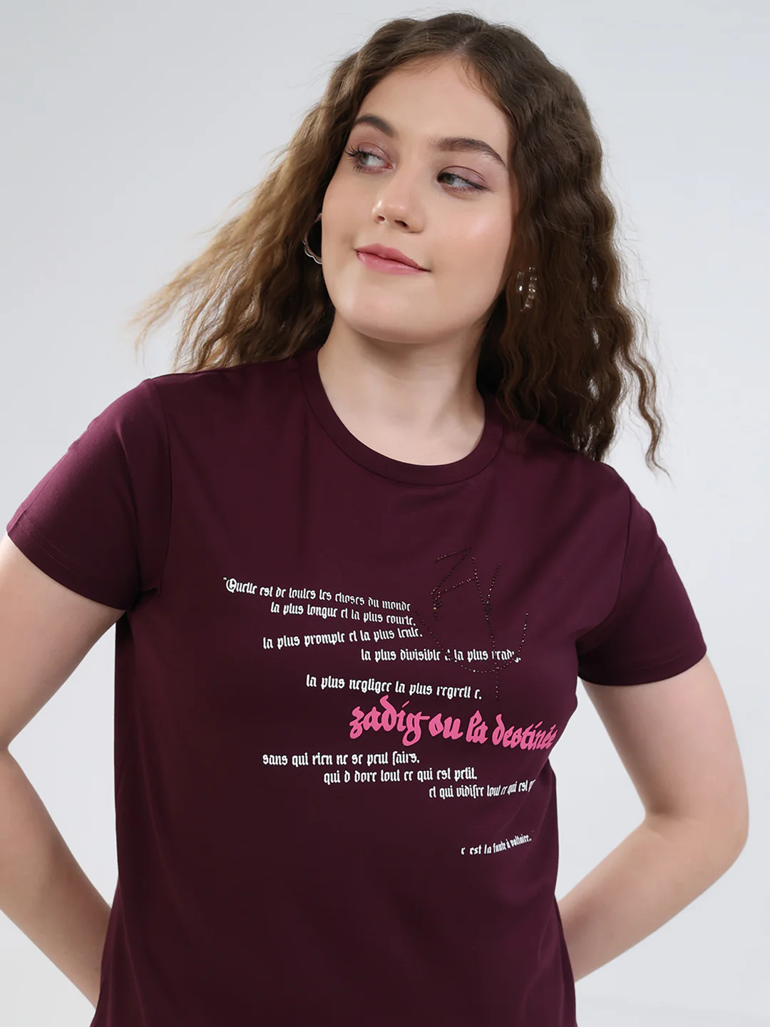 Women Burgundy Printed Round Neck Half Sleeve Top - Image 7