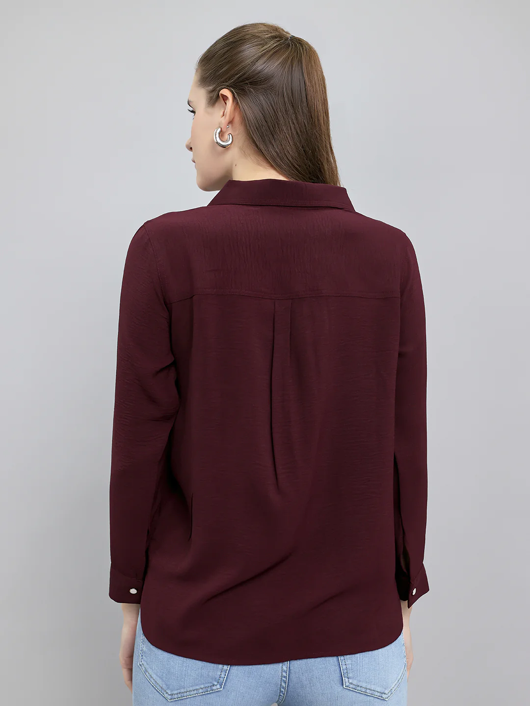 Women Burgundy Self Design Collar Full Sleeve Top - Image 4
