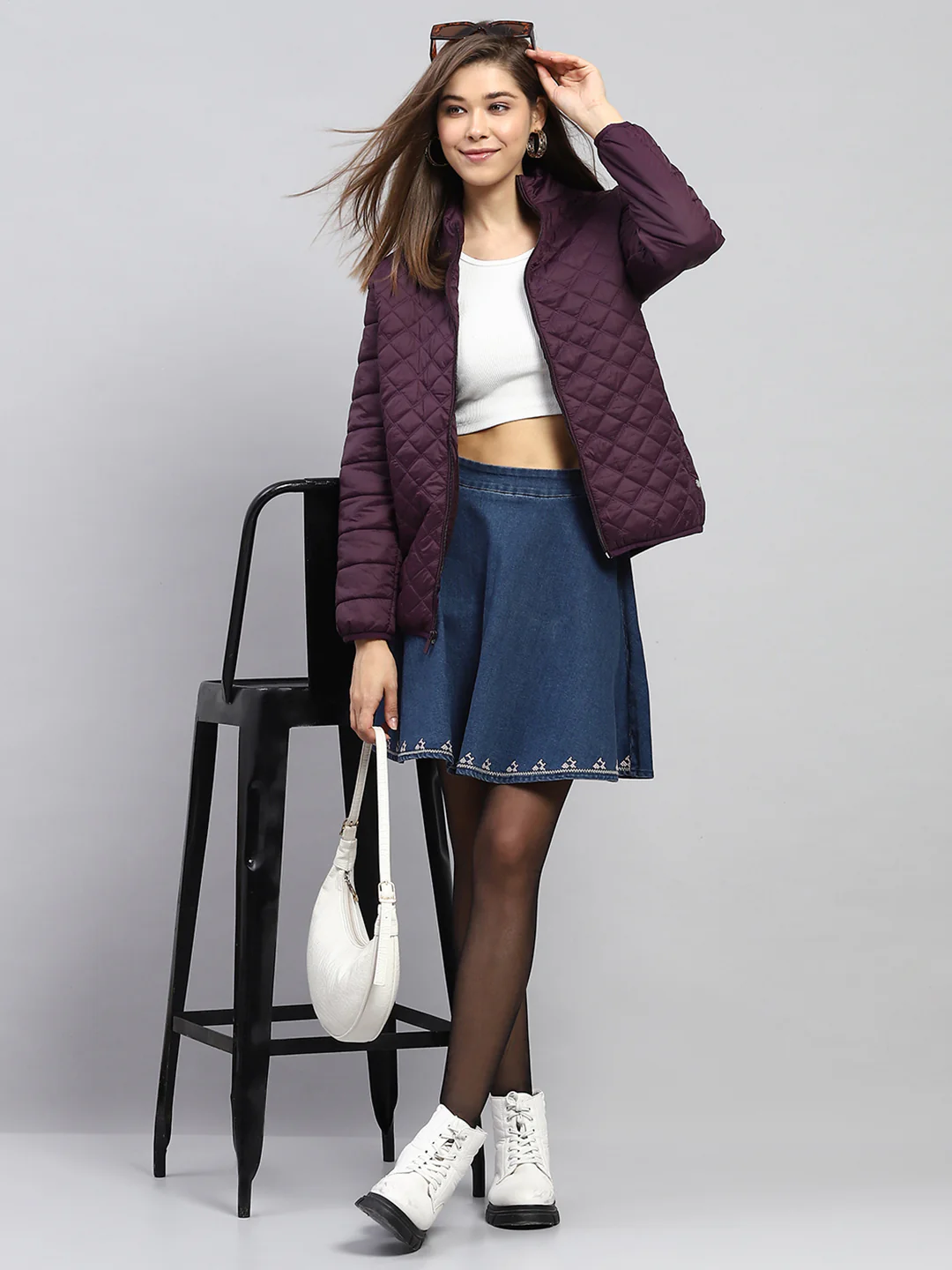 Women Burgundy Self Design Mock Neck Full Sleeve Jacket - Image 2