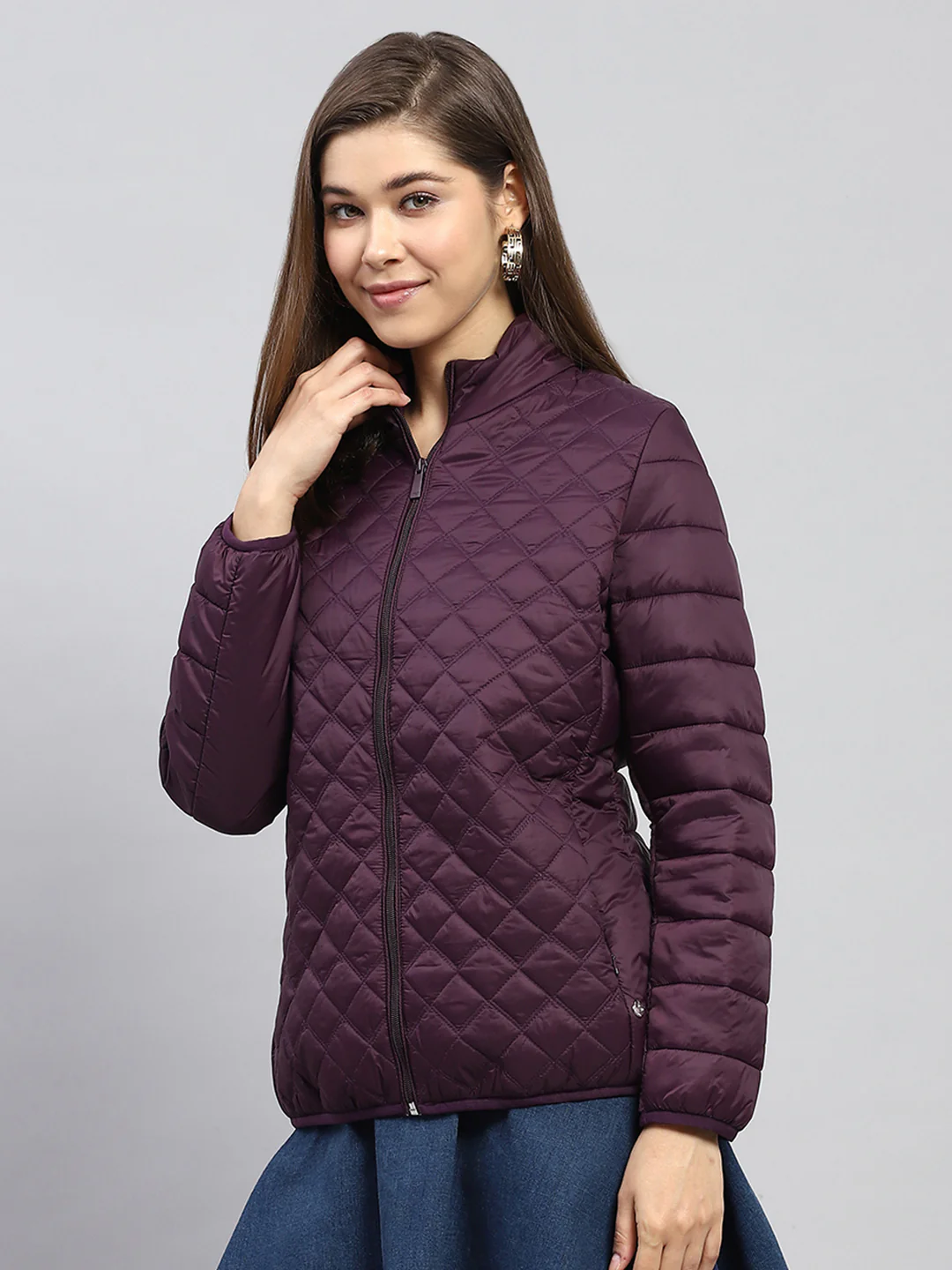 Women Burgundy Self Design Mock Neck Full Sleeve Jacket - Image 3