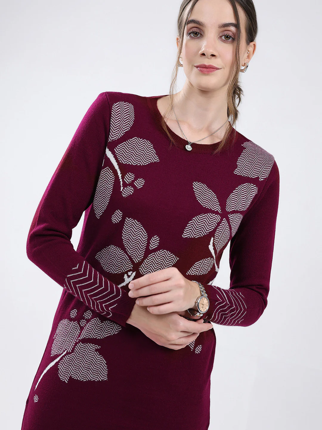 Women Burgundy Self Design Round Neck Full Sleeve Cords Set - Image 7