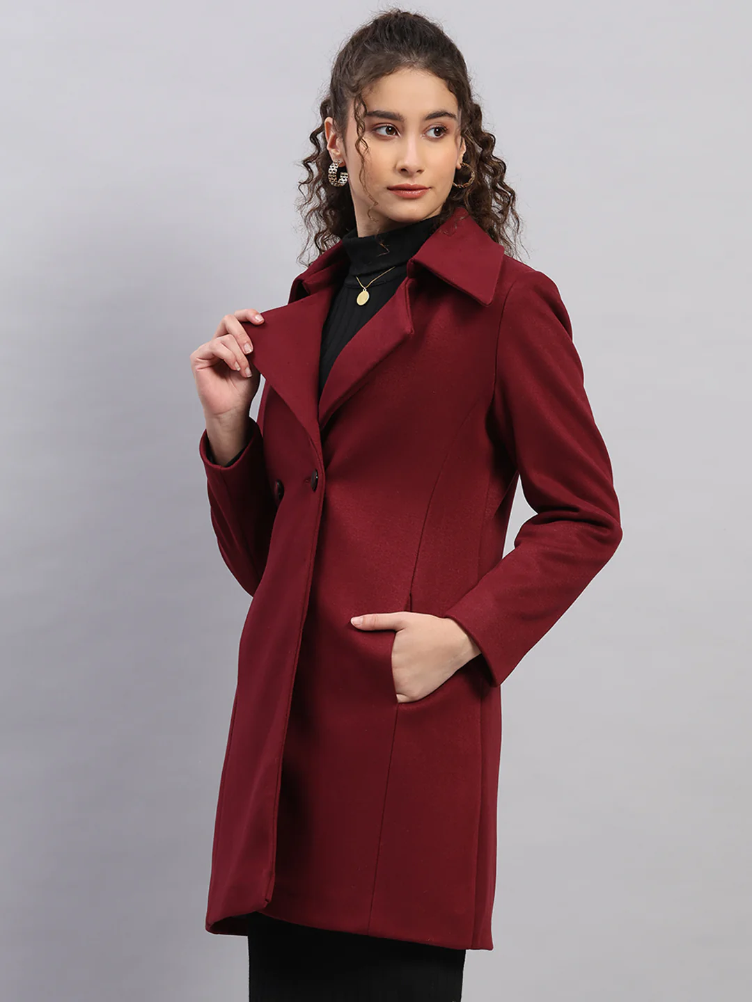 Women Burgundy Solid Collar Full Sleeve Coat - Image 3