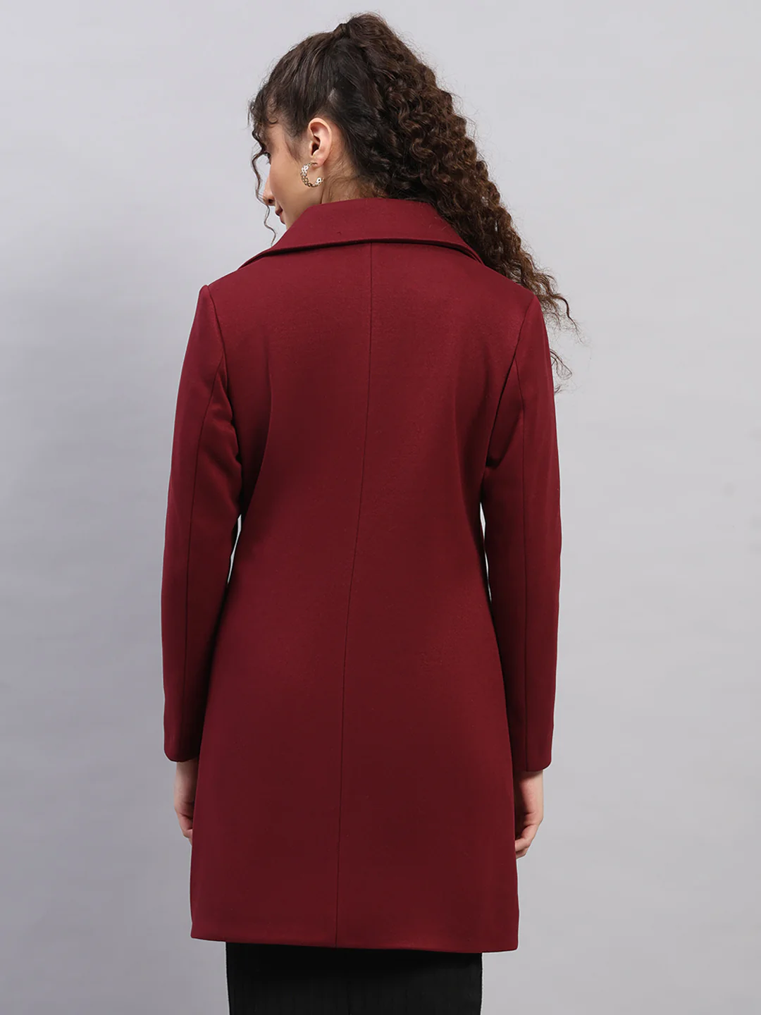 Women Burgundy Solid Collar Full Sleeve Coat - Image 5
