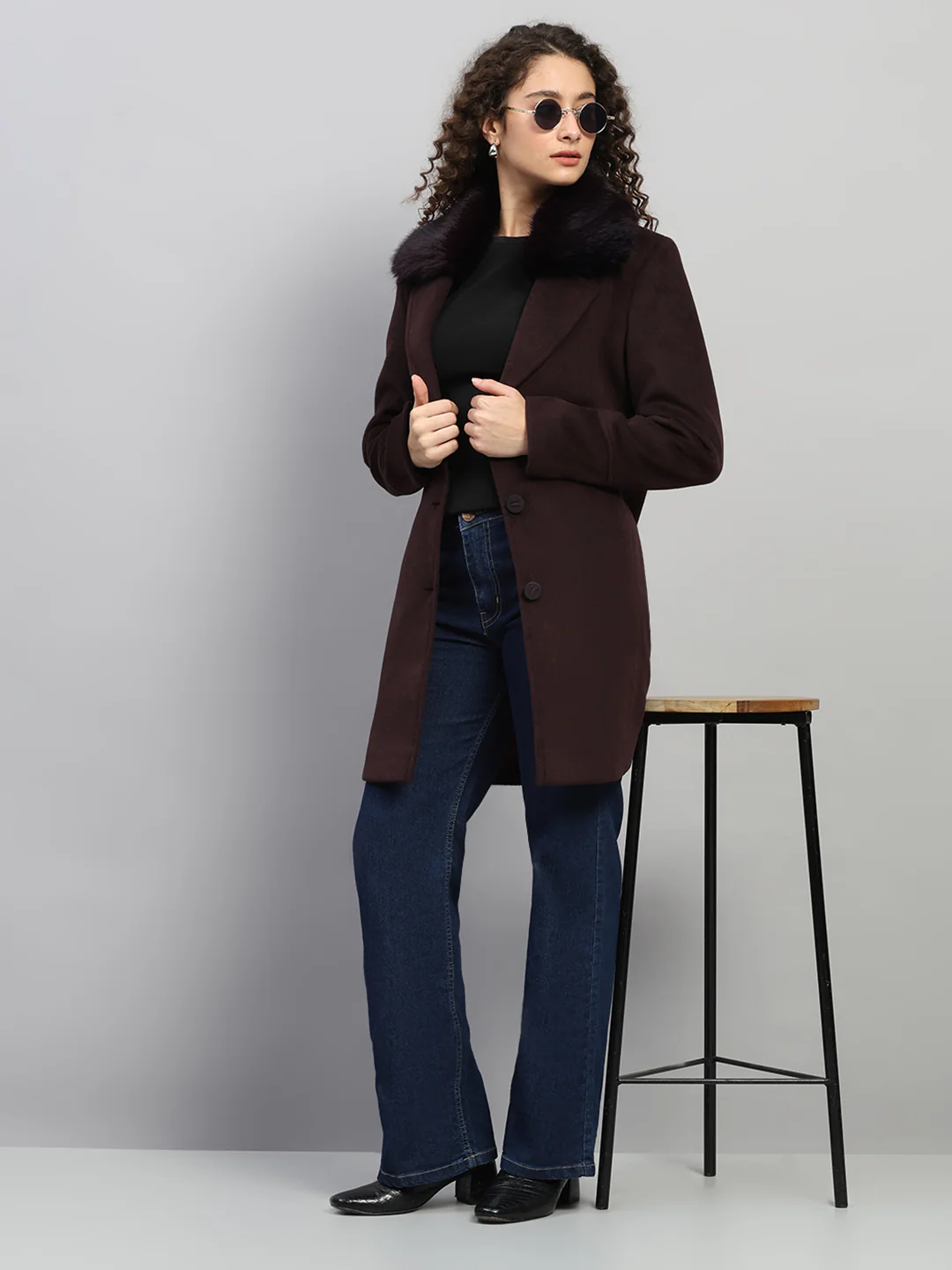 Women Burgundy Solid Collar Full Sleeve Coat - Image 2