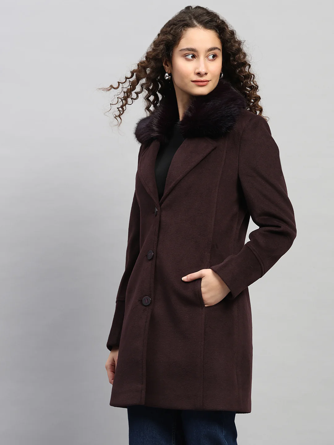 Women Burgundy Solid Collar Full Sleeve Coat - Image 3