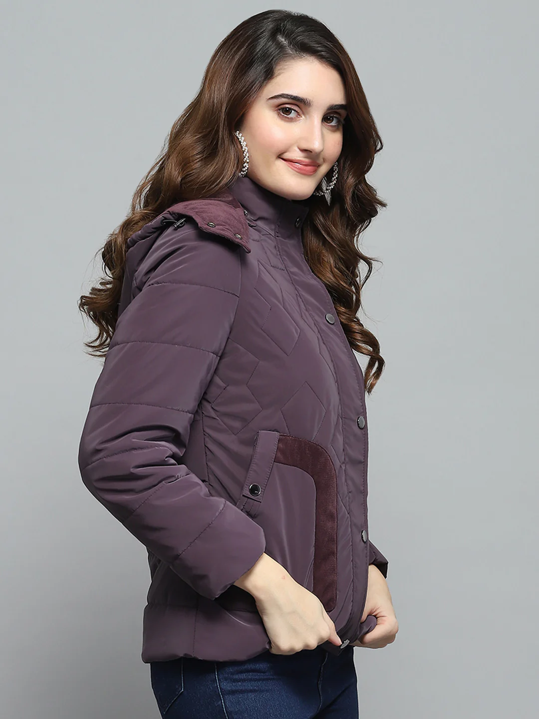 Women Burgundy Solid Detachable Hood Full Sleeve Jacket - Image 4