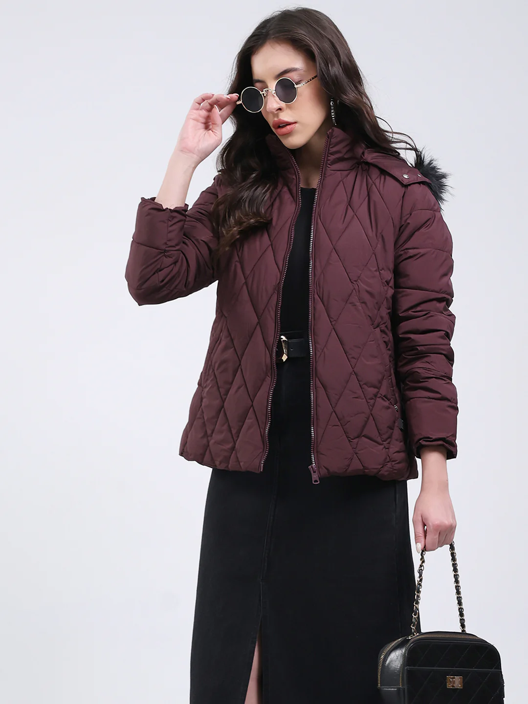 Women Burgundy Solid Hooded USB Intelligent Heating Jacket - Image 6