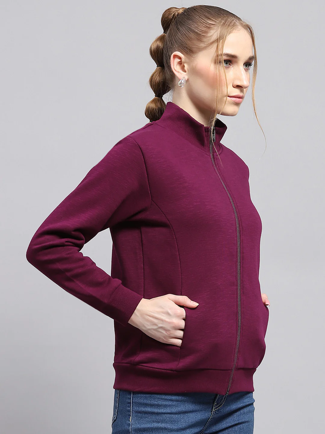 Women Burgundy Solid Mock Neck Full Sleeve Sweatshirt - Image 4