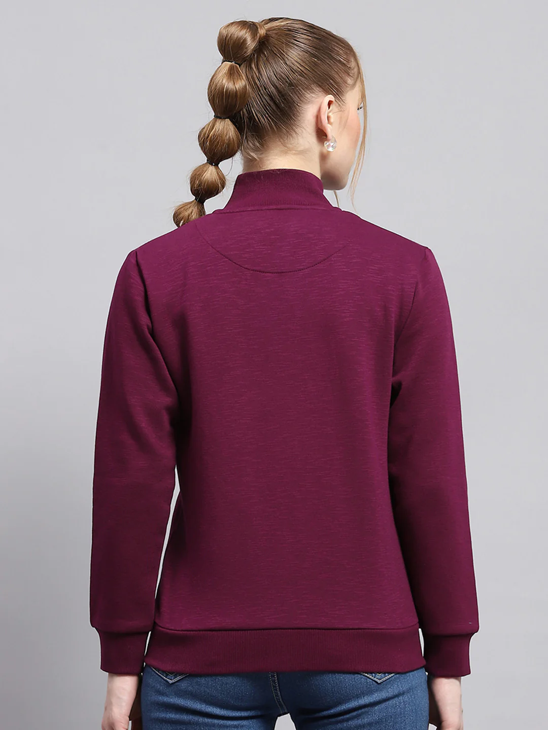 Women Burgundy Solid Mock Neck Full Sleeve Sweatshirt - Image 5