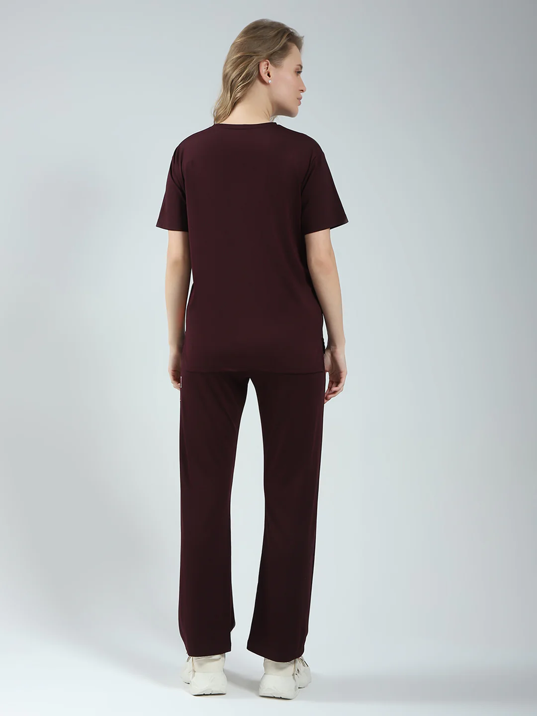 Women Burgundy Solid Round Neck Half Sleeve Lower Set - Image 5
