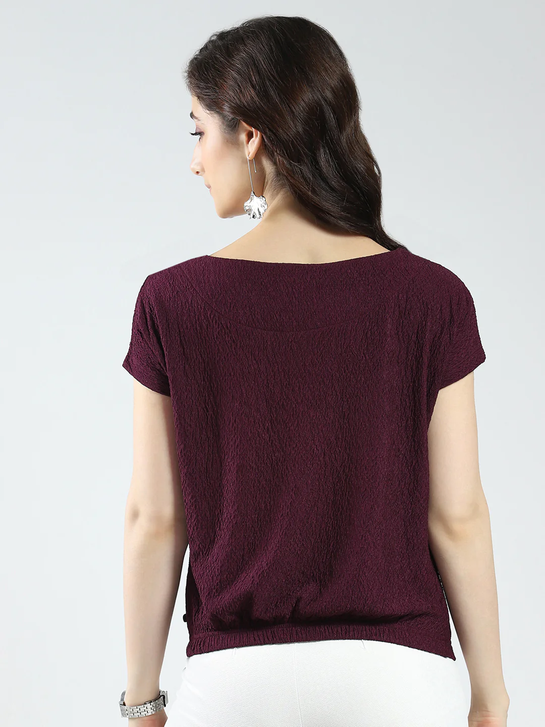 Women Burgundy Solid Round Neck Half Sleeve Top - Image 6