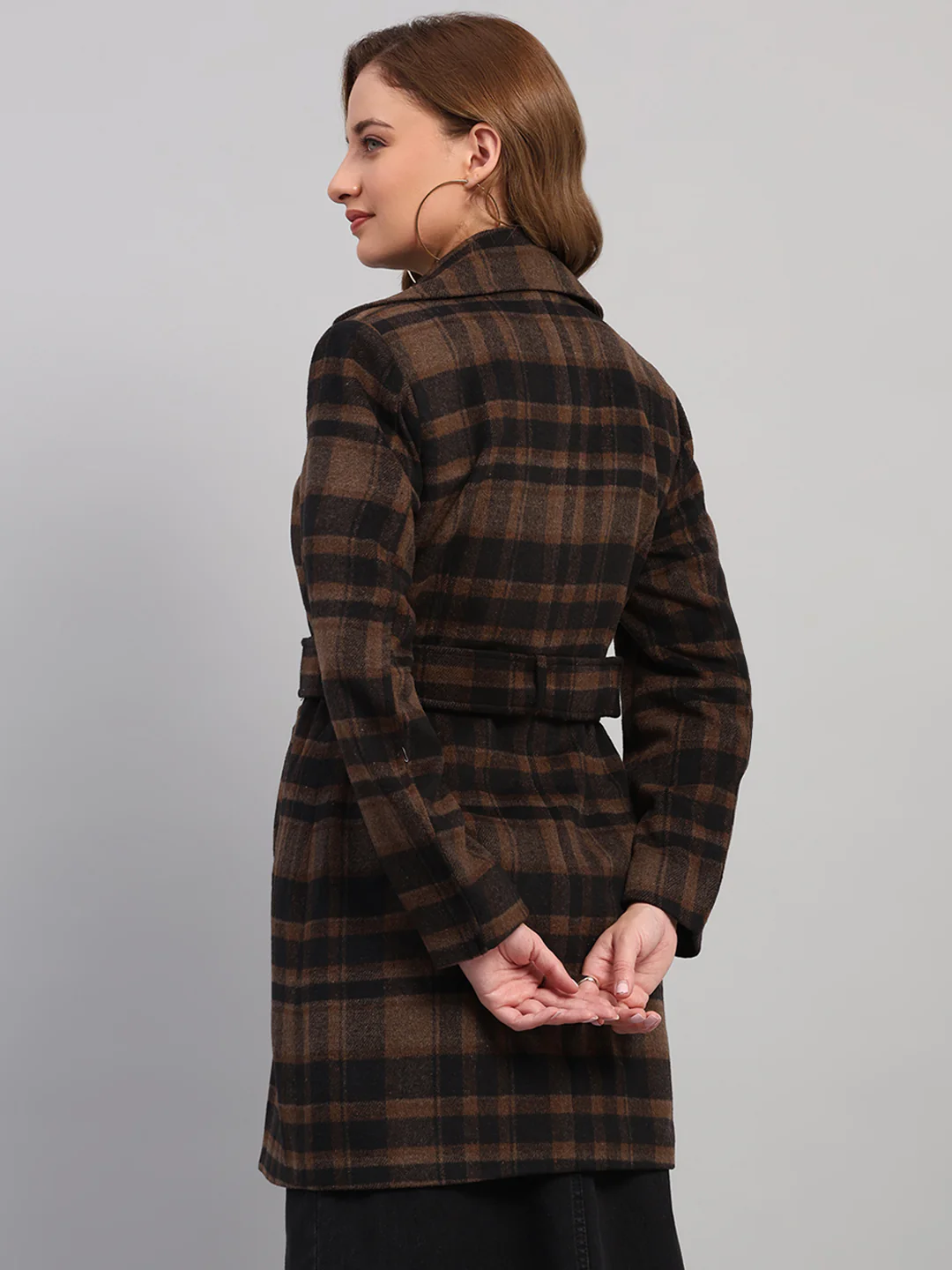 Women Camel Brown Check Collar Full Sleeve Coat - Image 5