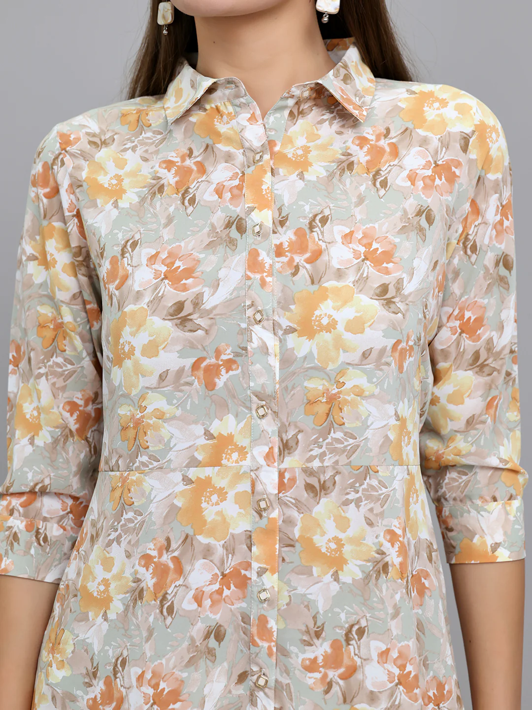 Women Camel Brown Floral Print Collar 3/4th Sleeve Tunic - Image 5
