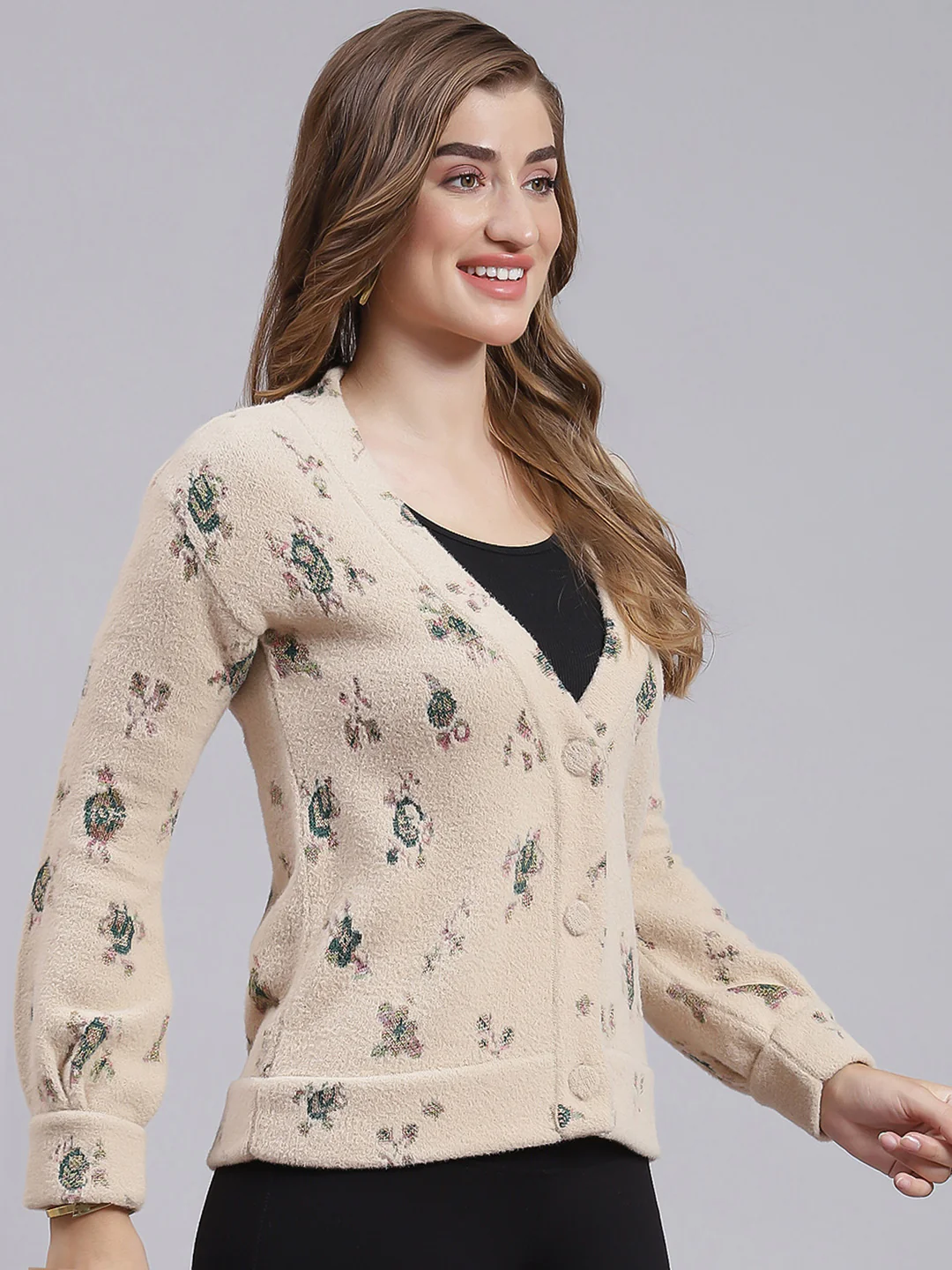 Women Camel Brown Jaquard Wool blend Cardigan - Image 2