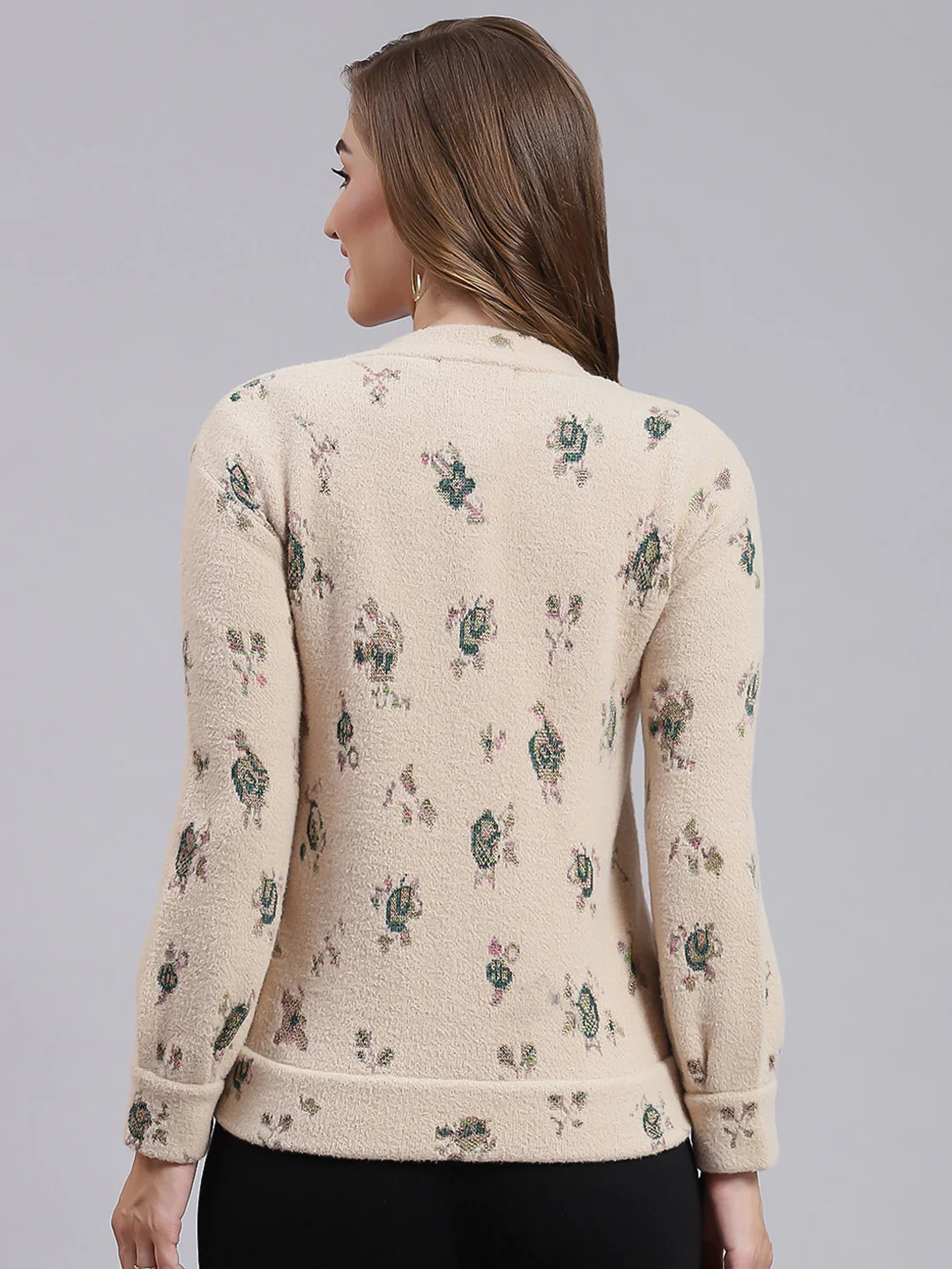 Women Camel Brown Jaquard Wool blend Cardigan - Image 4