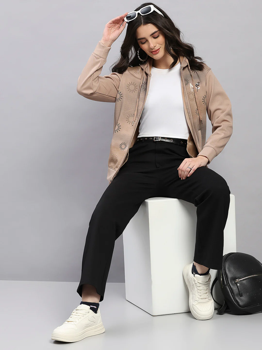 Women Camel Brown Printed Hooded Full Sleeve Sweatshirt - Image 2