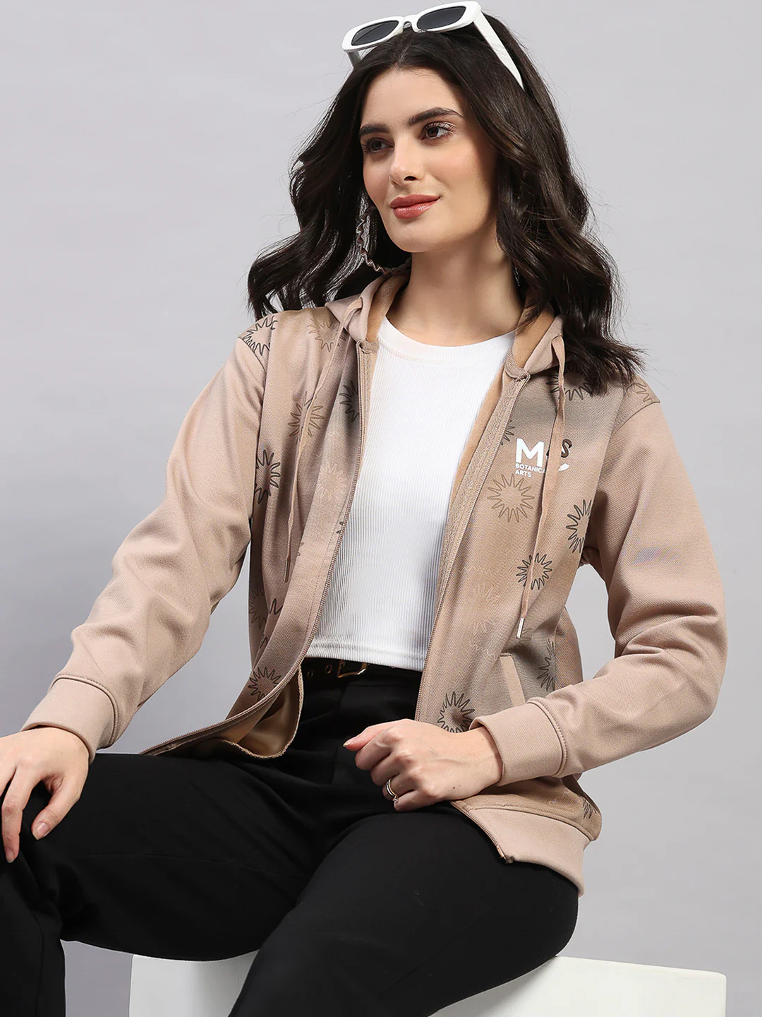 Women Camel Brown Printed Hooded Full Sleeve Sweatshirt - Image 6