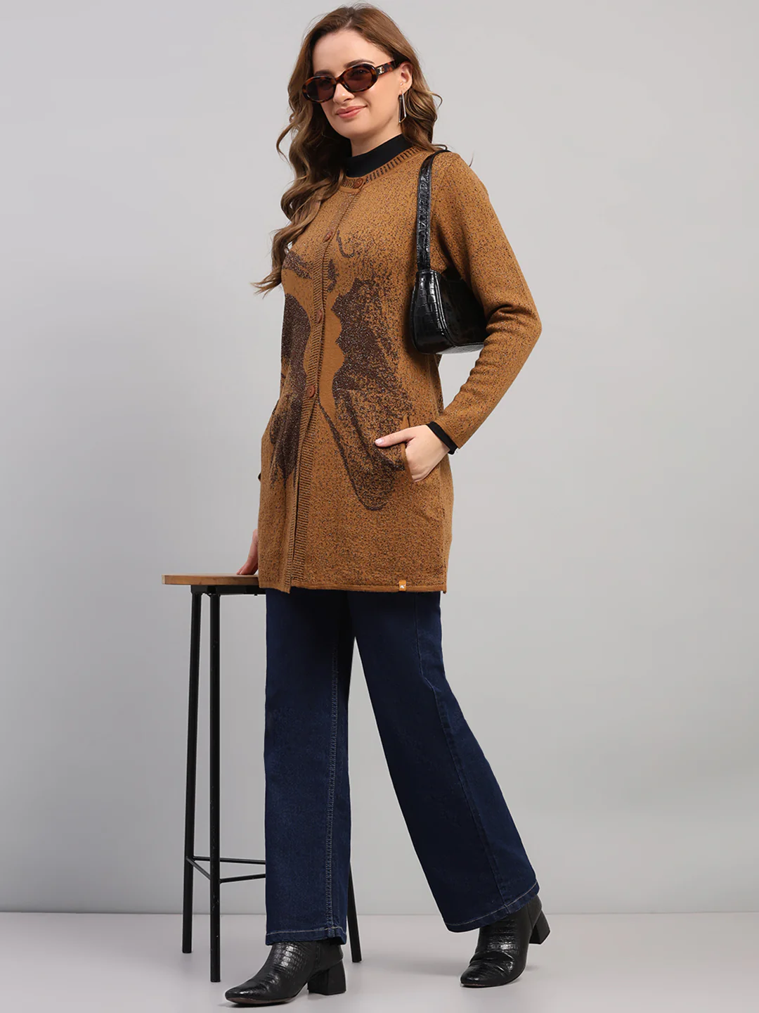Women Camel Brown Printed Round Neck Full Sleeve Cardigan - Image 2