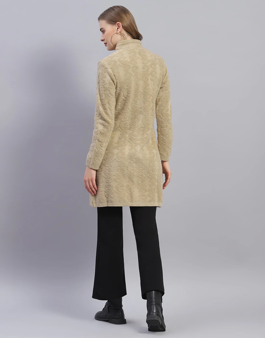 Women Camel Brown Printed Round Neck Full Sleeve Coat - Image 5