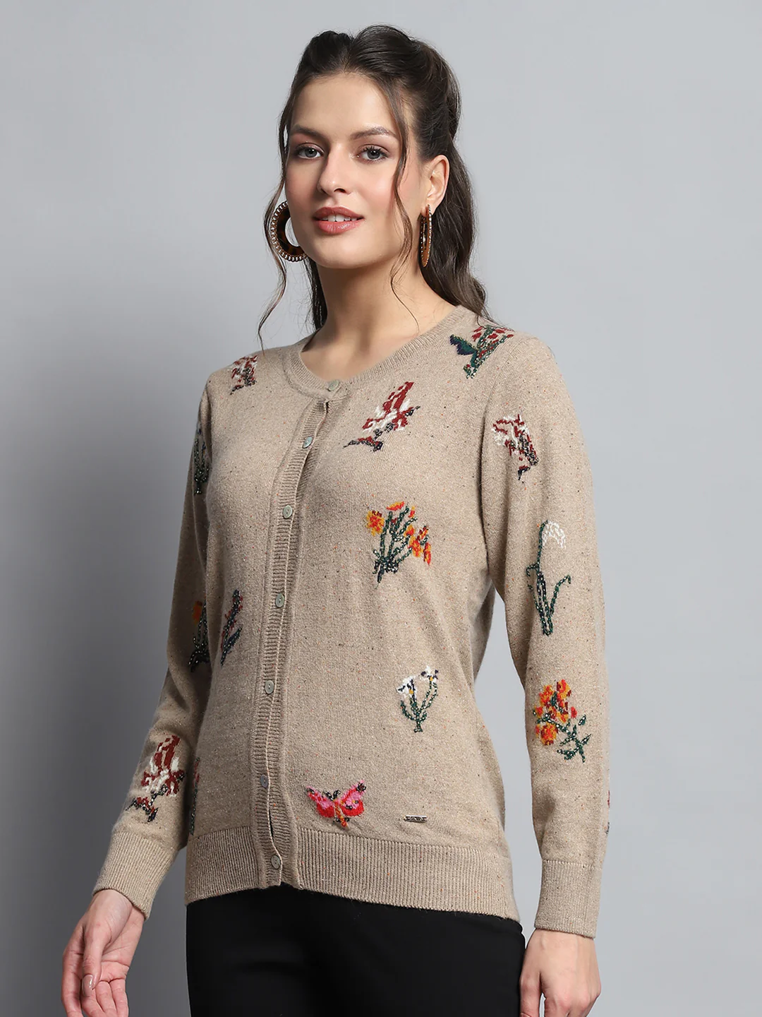Women Camel Brown Self Design Round Neck Full Sleeve Cardigan - Image 3