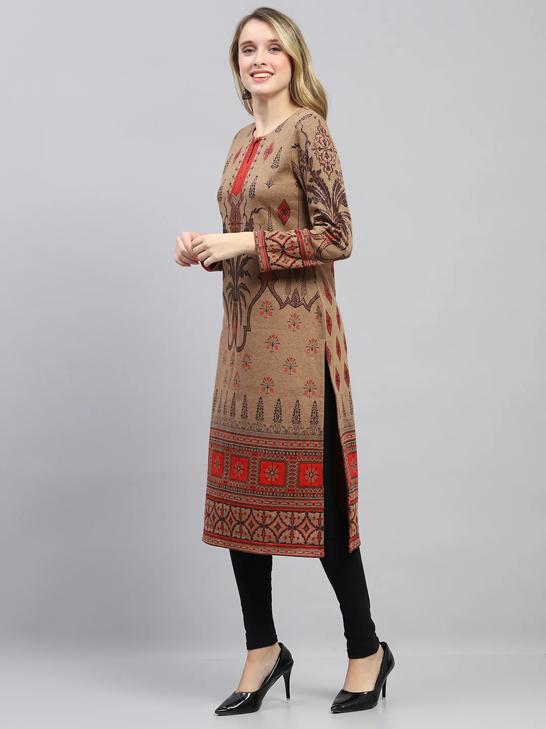 Women Camel Brown Self Design Round Neck Full Sleeve Winter Kurti - Image 3