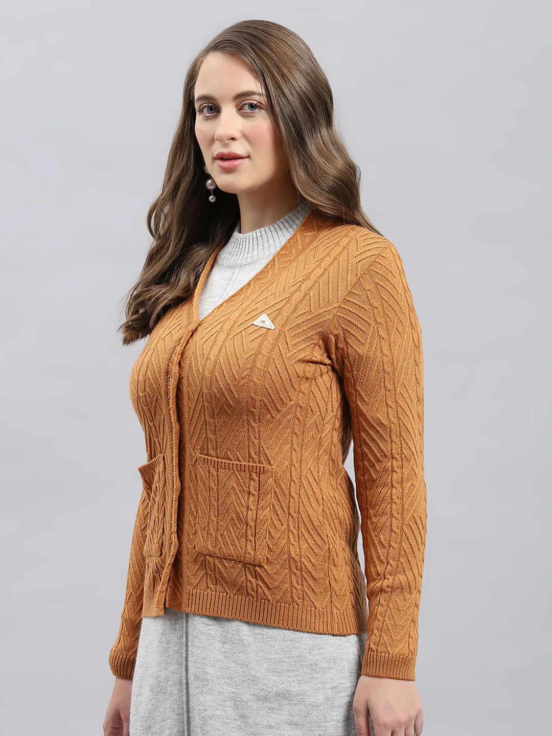 Women Camel Brown Self Design V Neck Full Sleeve Cardigan - Image 3