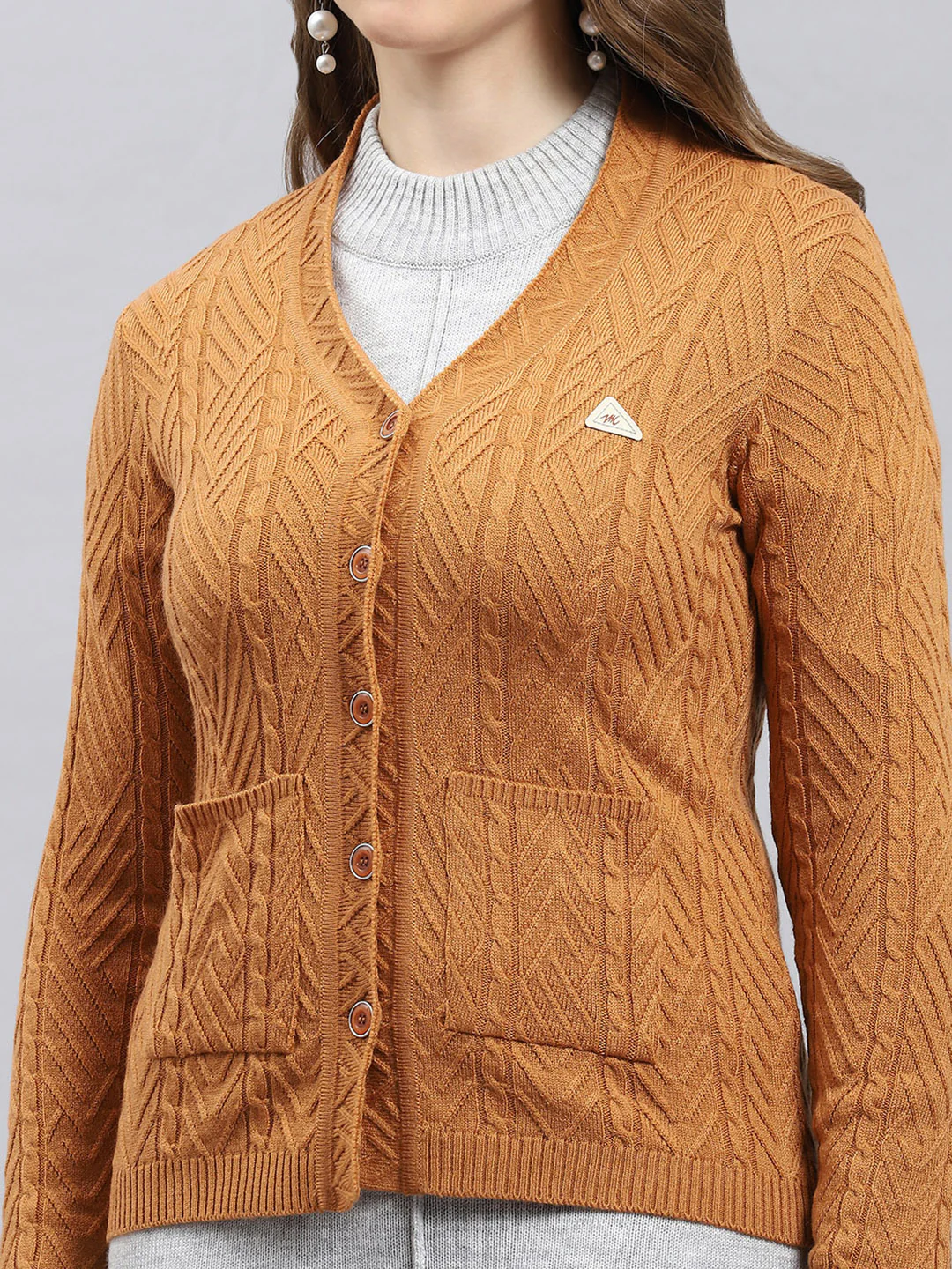 Women Camel Brown Self Design V Neck Full Sleeve Cardigan - Image 7