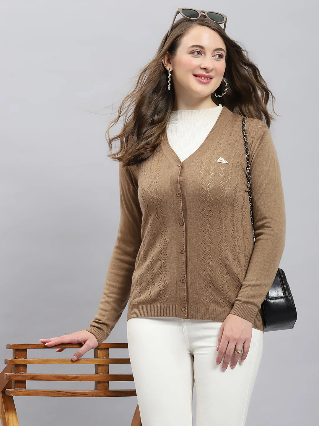 Women Camel Brown Self Design V Neck Full Sleeve Cardigan - Image 6
