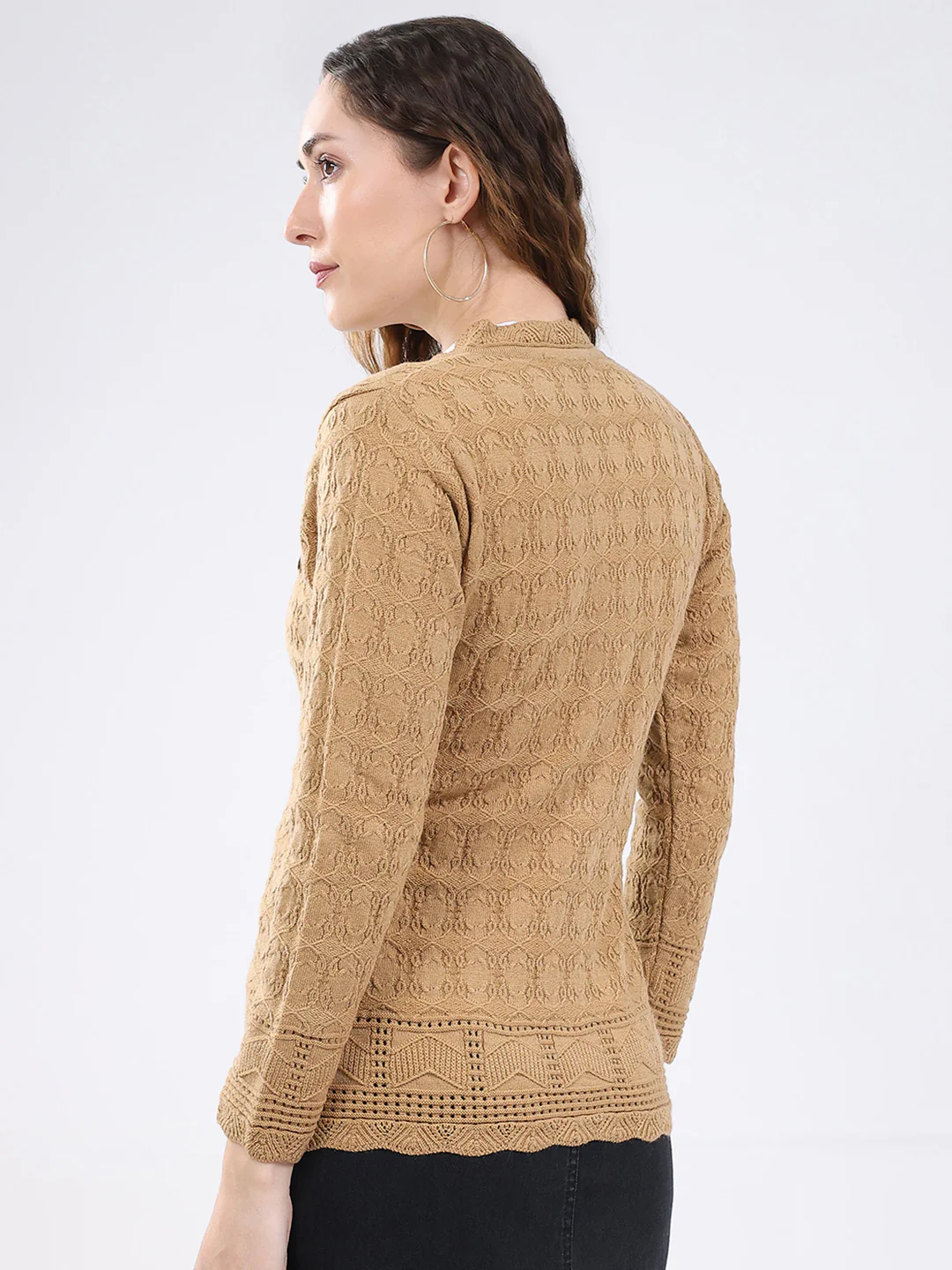 Women Camel Brown Self Design V Neck Full Sleeve Cardigan - Image 5