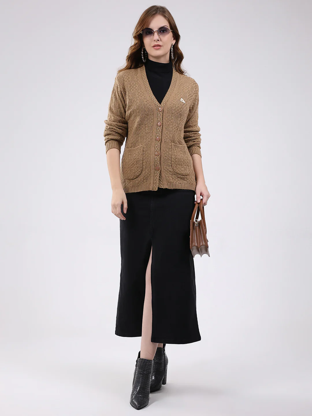 Women Camel Brown Self Design V Neck Full Sleeve Cardigan - Image 2