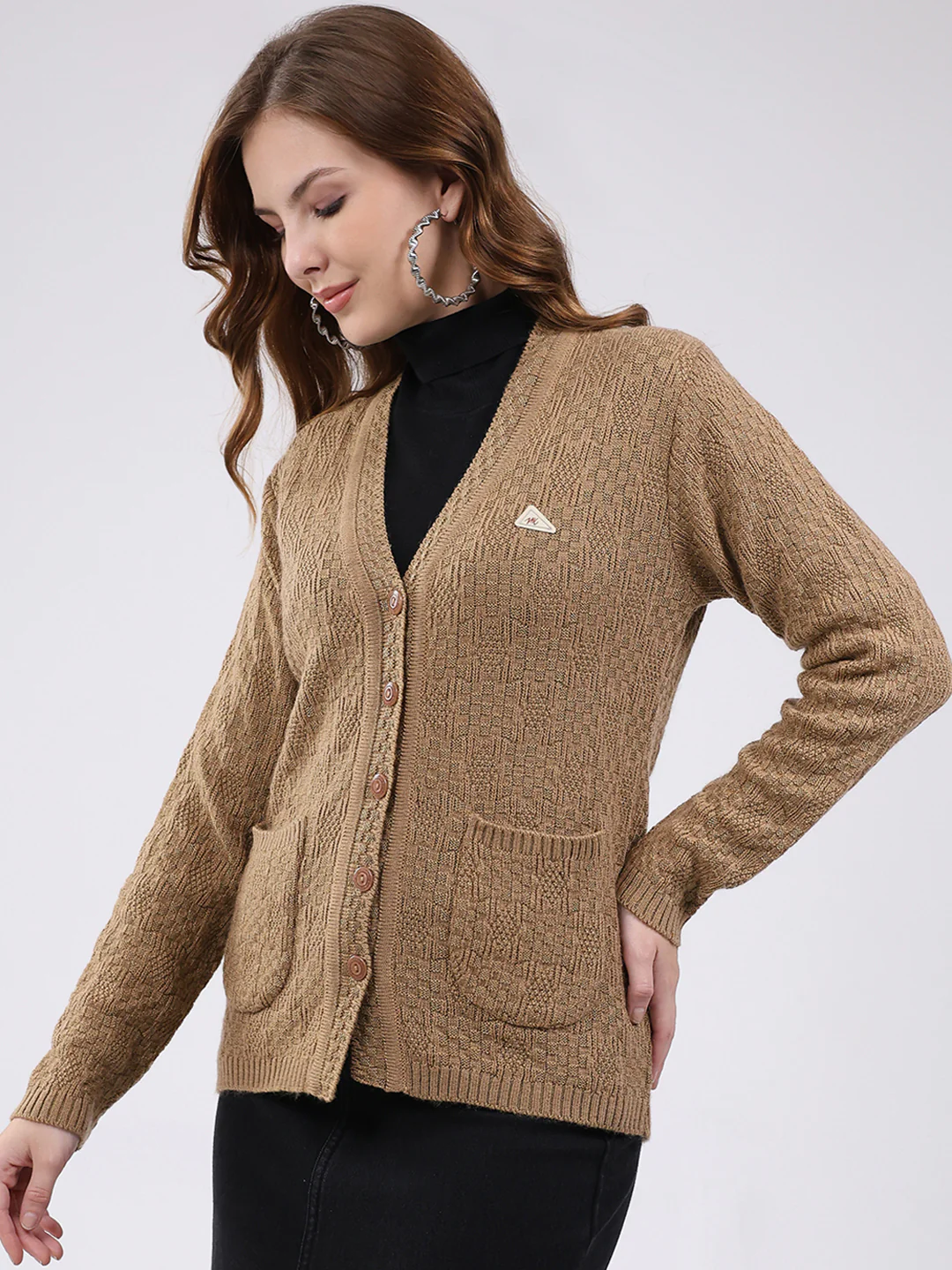 Women Camel Brown Self Design V Neck Full Sleeve Cardigan - Image 3