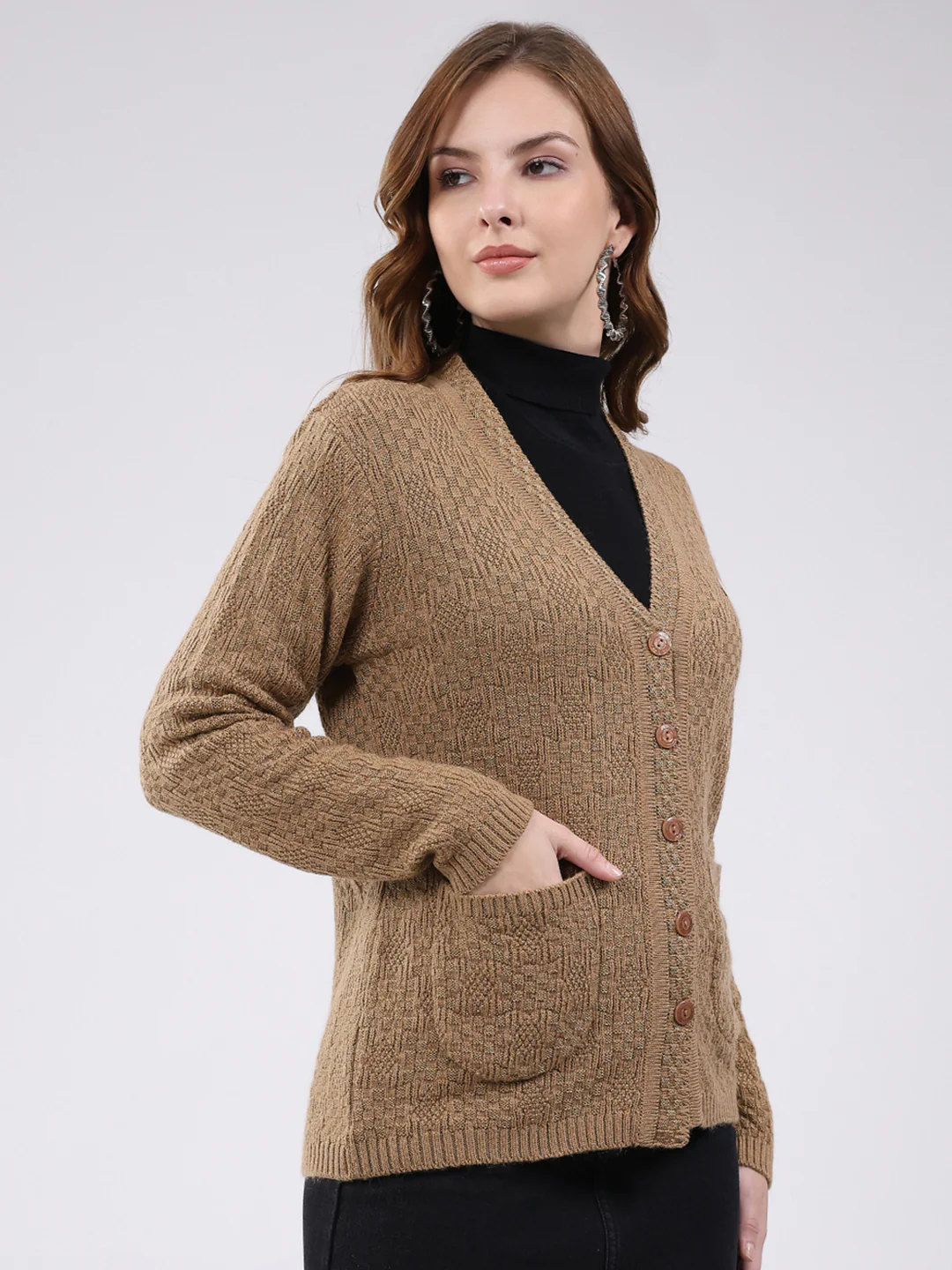 Women Camel Brown Self Design V Neck Full Sleeve Cardigan - Image 4