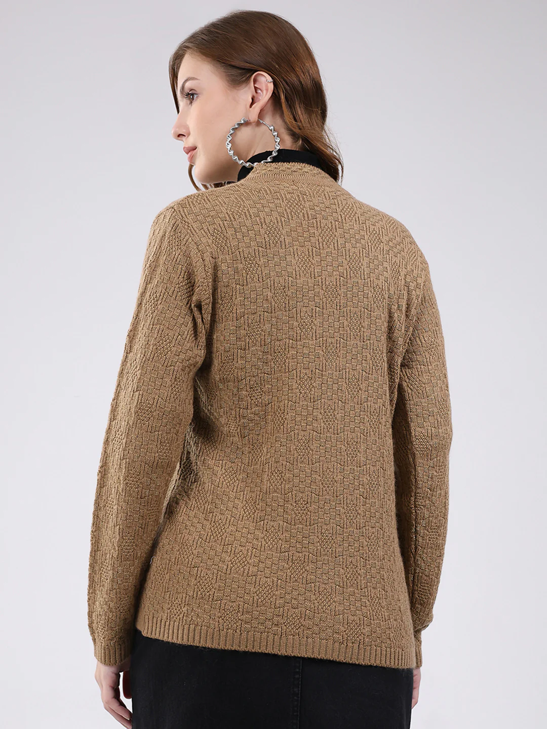 Women Camel Brown Self Design V Neck Full Sleeve Cardigan - Image 5