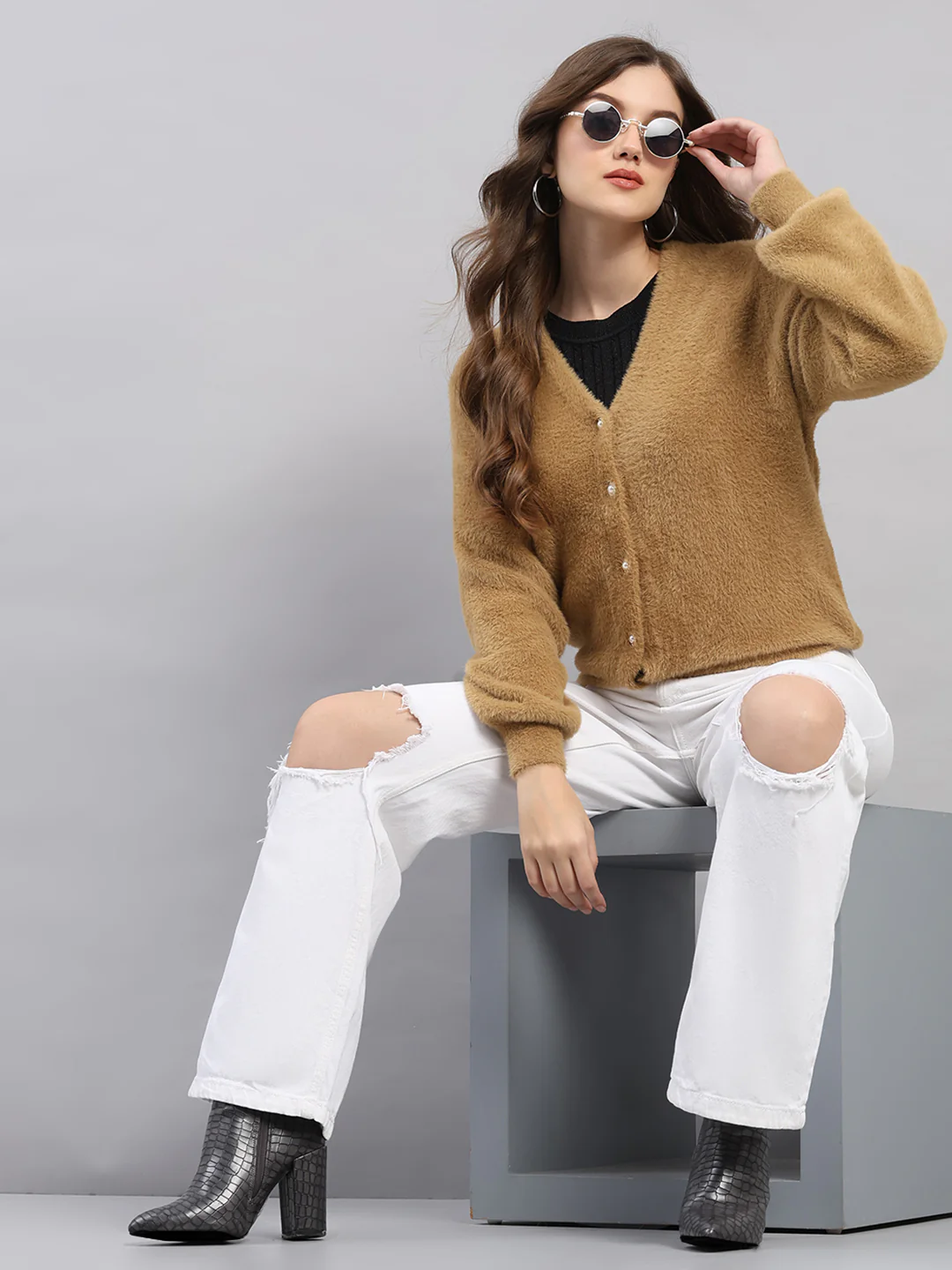Women Camel Brown Self Design V Neck Full Sleeve Cardigan - Image 2