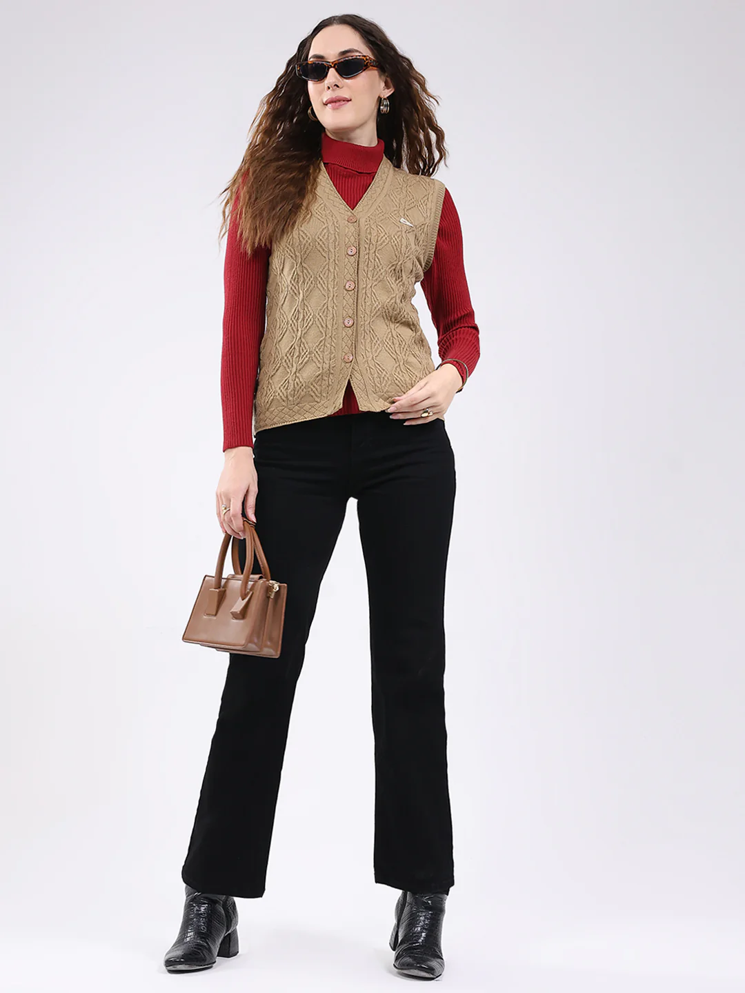 Women Camel Brown Self Design V Neck Sleeveless Cardigan - Image 2