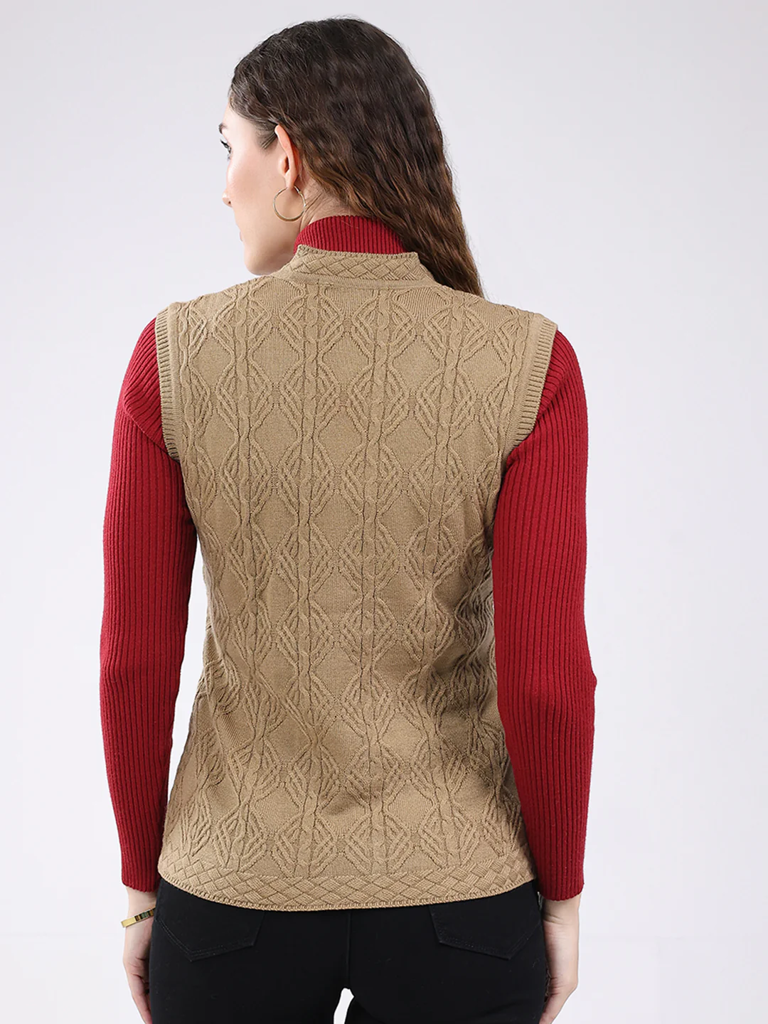 Women Camel Brown Self Design V Neck Sleeveless Cardigan - Image 5