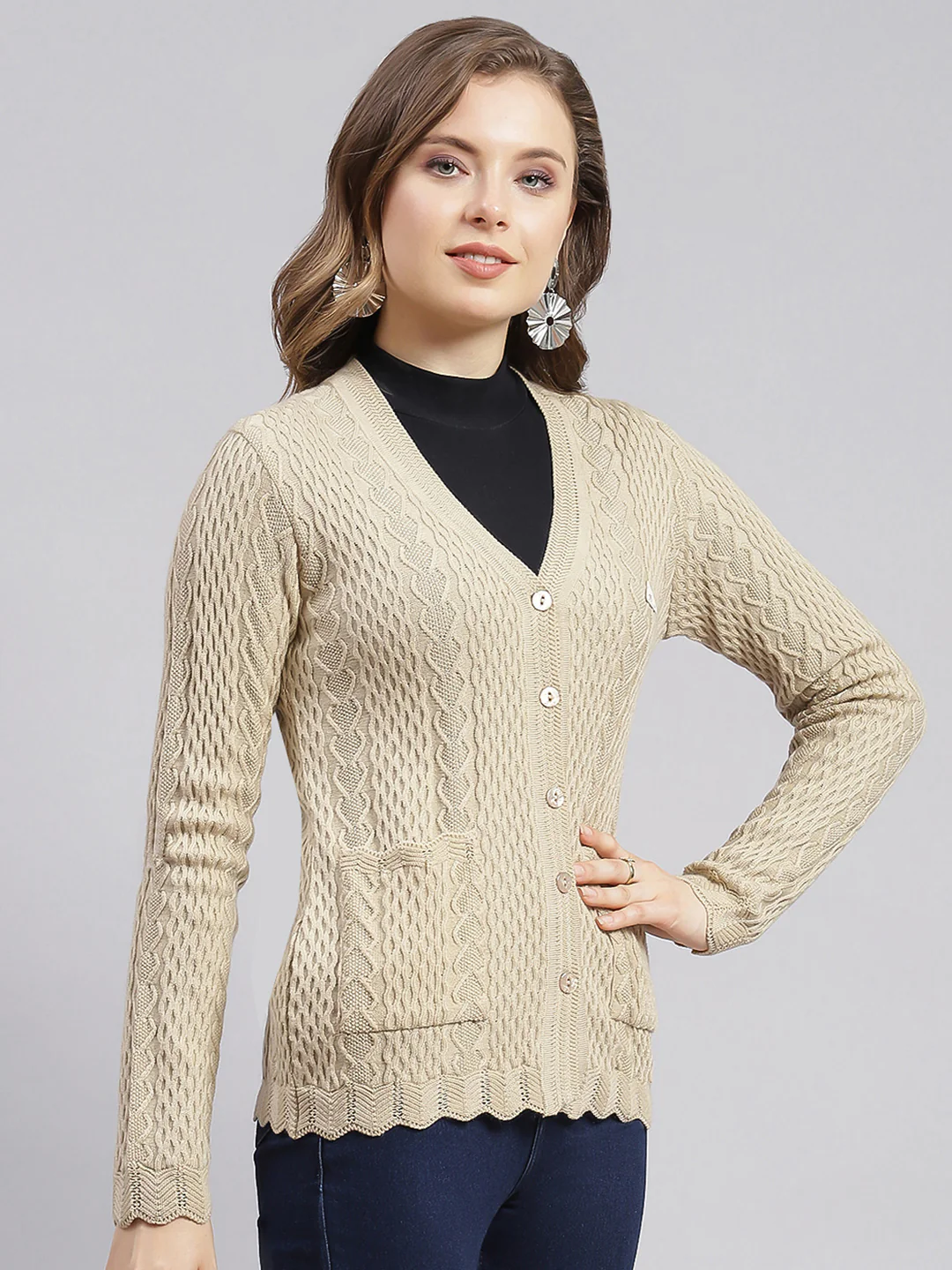 Women Camel Brown Self Design Wool blend Cardigan - Image 2