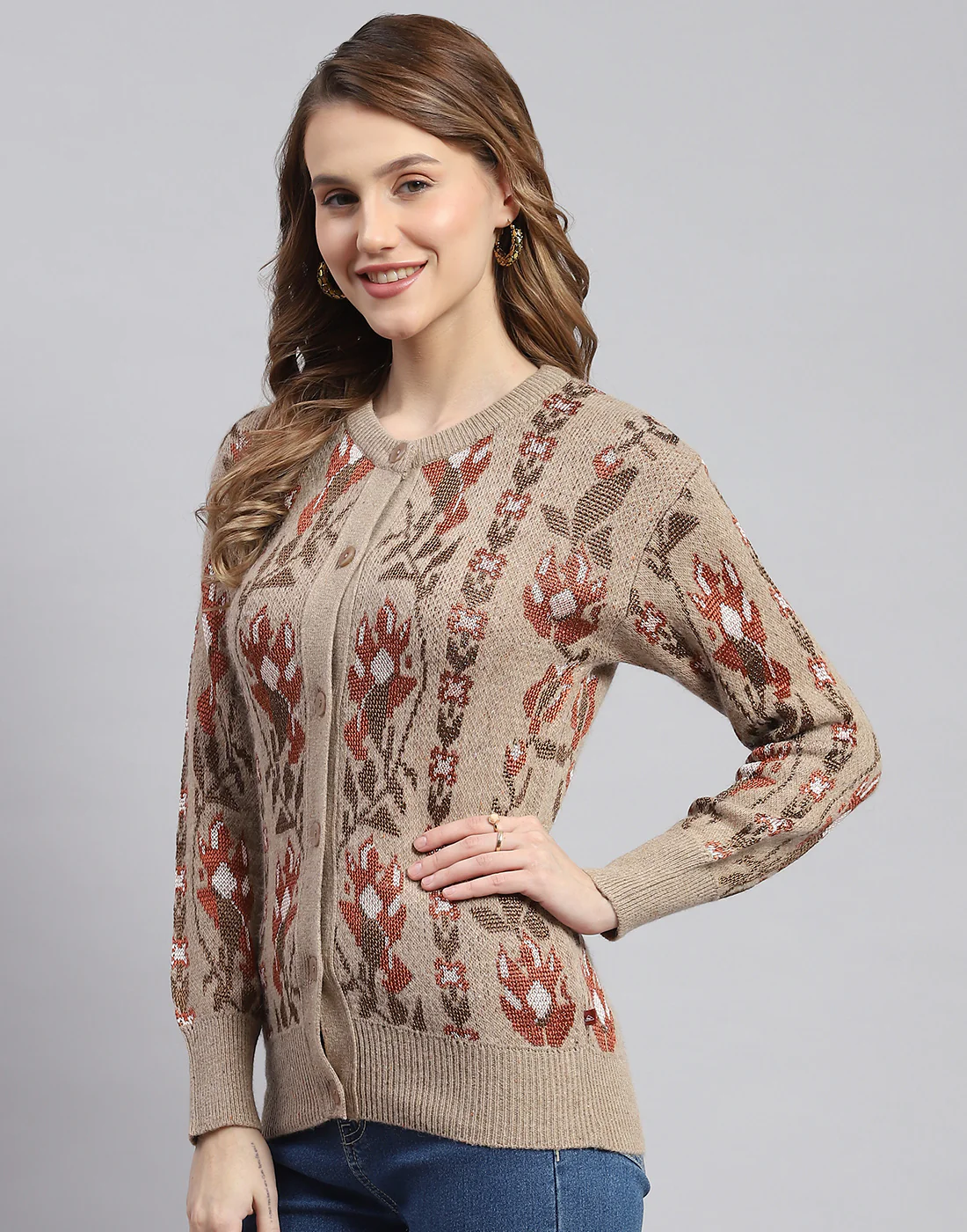 Women Camel Brown Self Design Round Neck Full Sleeve Cardigans - Image 3