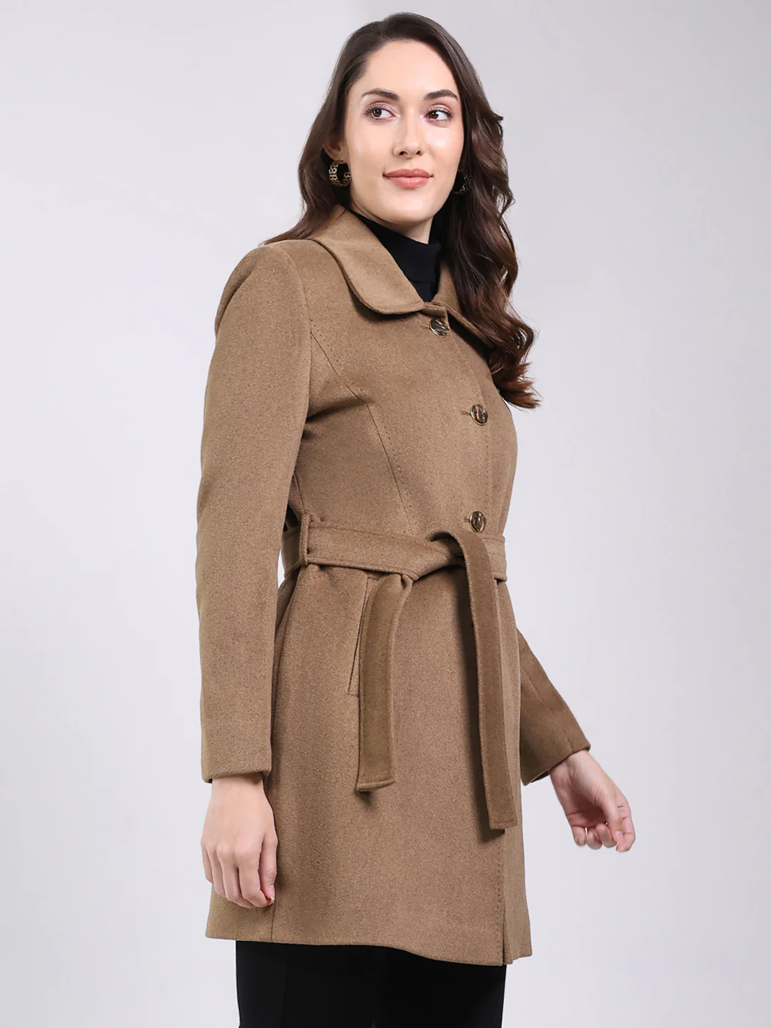 Women Camel Brown Solid Collar Full Sleeve Coat - Image 4