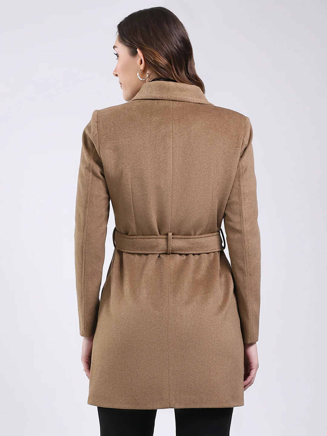 Women Camel Brown Solid Collar Full Sleeve Coat - Image 5
