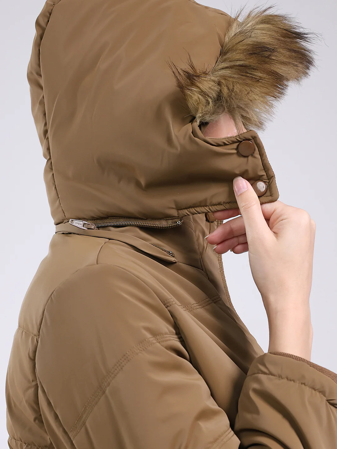 Women Camel Brown Solid Hooded Full Sleeve Jacket - Image 7